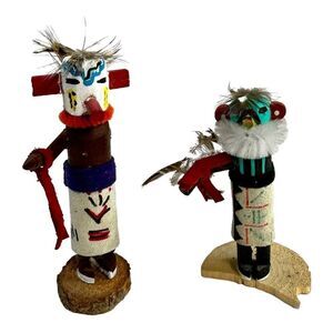 Hand-Painted Kachina Dolls Set Lot of 2 1- Signed R Grey Native Wood Figures SEE